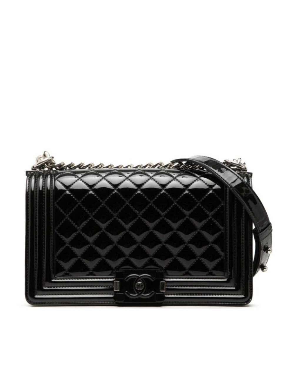 Chanel Quilted CC Logo Boy 25 Chain Shoulder Bag Black Patent Leather